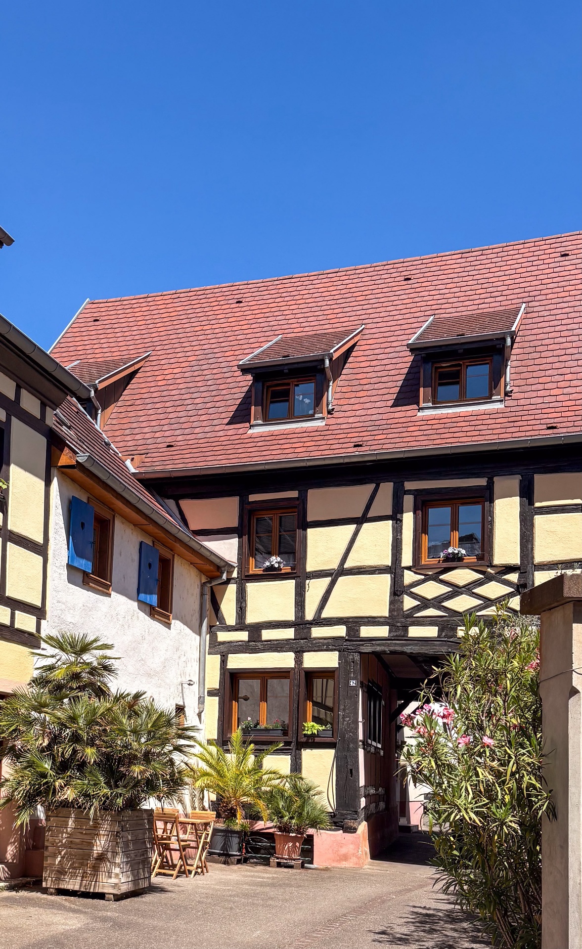 Terrasse ensoleillée du gîte avec maison à colombages